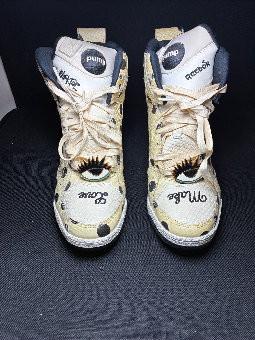 Reebok Melody ehsani Cream & Black Pump High-Top Sneakers with Eye Motif USED